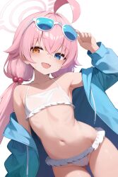 1girl absurdres adjusting_eyewear armpits artist_name bikini blue-tinted_eyewear blue_archive blue_jacket eyewear_on_head fang flat_chest frilled_bikini frills hair_bobbles hair_ornament halo hand_on_eyewear hand_up heterochromia highres hoshino_(blue_archive) hoshino_(swimsuit)_(blue_archive) jacket looking_at_viewer low_twintails navel off_shoulder official_alternate_costume open_clothes open_jacket pink_halo skin_fang smile solo sunglasses swimsuit tateishi_kureha tinted_eyewear twintails white-framed_eyewear white_bikini