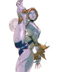 Rule 34 | 1girl, absurdres, blonde hair, highres, holding own leg, humanoid robot, league of legends, leg up, looking at viewer, looking down, nude, open mouth, orianna (league of legends), pussy, robot, robot girl, simple background, solo, split, standing, standing on one leg, standing split, treslech3s, white background