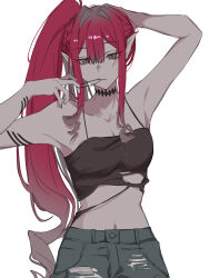 1girl 590kogure590 arms_up baobhan_sith_(fate) bare_shoulders black_camisole breasts camisole choker cleavage collarbone earrings fate/grand_order fate_(series) grey_eyes grey_pants highres jewelry large_breasts long_hair midriff navel pants pink_hair pointy_ears side_ponytail sidelocks solo