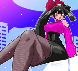 1girl arm_support artist_name black_corset black_hair black_pantyhose black_skirt breasts cityscape clothing_cutout corset crossed_legs fishnet_pantyhose fishnets igami_ichika long_hair looking_at_viewer night open_mouth pantyhose parted_bangs ponytail purple_sweater shoulder_cutout sitting skirt solo susume!_ashitabara_gakuen sweater wanta_(futoshi)