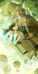 Rule 34 | 2girls, azusawa kohane, black hair, blush, breasts, brown eyes, brown hair, brown pants, bug, butterfly, character name, cleavage, closed eyes, collared shirt, couple, dated, day, eyelashes, finger to mouth, flower, full body, green butterfly, highres, insect, jingzhaowhale, leaf, lily pad, long hair, midriff peek, multiple girls, outdoors, pants, parted lips, project sekai, red flower, shiraishi an, shirt, short sleeves, shorts, shushing, sidelocks, sleeping, soaking feet, sunlight, twintails, water, white shirt, yuri