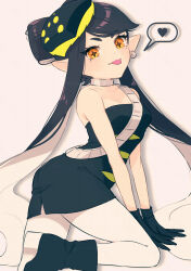 1girl :3 ankle_boots arched_back arm_support back_slit black_boots black_dress black_gloves black_hair boots bow-shaped_hair breasts callie_(splatoon) callie_(squid_sisters_outfit)_(splatoon) cleavage collarbone colored_inner_hair coula_cat cowboy_shot cross-shaped_pupils dot_nose dress drop_shadow earrings floating_hair food-themed_hair_ornament from_side gloves hair_ornament heart highres jewelry knee_up large_ears leaning_forward light_blush long_hair looking_at_viewer looking_to_the_side mole mole_under_eye multicolored_hair nintendo pantyhose pencil_dress pointy_ears sash short_dress shoulder_sash silver_choker small_breasts solo speech_bubble splatoon_(series) spoken_heart strapless strapless_dress swept_bangs symbol-shaped_pupils tongue tongue_out two-tone_hair v-shaped_eyebrows very_long_hair white_background white_hair white_pantyhose yellow_eyes