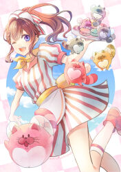 1girl ani_inako blue_eyes checkered_background dame_x_prince dress food gurimaru holding holding_plate looking_at_viewer macaron merveilles one_eye_closed open_mouth plate ponytail puffy_short_sleeves puffy_sleeves short_sleeves signature socks solo striped_clothes striped_dress white_socks