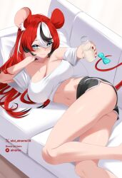 1girl animal_ears ass black_shorts blue_eyes bottle bow breasts cleavage collarbone couch crop_top hair_down hakos_baelz highres hololive hololive_english large_breasts long_hair looking_at_viewer lying milk_bottle mouse_ears mouse_girl mouse_tail multicolored_hair navel oioi_ainomo on_side paid_reward_available pillow red_hair red_nails shirt short_shorts shorts solo stomach streaked_hair tail tail_bow tail_ornament thighs twisted_torso very_long_hair virtual_youtuber white_shirt