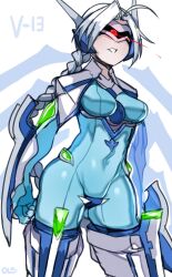 Rule 34 | 0lightsource, 1girl, 2018, ahoge, arc system works, arm guards, armor, blazblue, blazblue: calamity trigger, blurry, bodysuit, boots, braid, braided ponytail, character name, commentary, contrapposto, cowboy shot, crotch plate, depth of field, elbow gloves, english commentary, facing viewer, female focus, floating, floating object, floating weapon, gloves, glowing, glowing eye, grey hair, highres, long hair, machinery, mecha musume, mechanical wings, navel, nu-13, pale skin, parted bangs, parted lips, ponytail, red eyes, simple background, single braid, solo, spiked hair, standing, thigh boots, unitard, very long hair, villain pose, visor (armor), white background, wings
