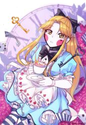 1girl apron artist_name black_bow blonde_hair blue_dress blush bow card commentary cup doll_joints dolla_(starlava) dress english_commentary facial_mark floating hair_bow heart heart_facial_mark highres holding holding_cup holding_plate joints key long_hair looking_at_viewer original pale_skin pantyhose parted_lips plate playing_card ponytail sitting solo starlava striped_clothes striped_pantyhose tea very_long_hair white_apron yellow_eyes