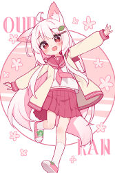 1girl :d ahoge animal_ear_fluff blush borrowed_character brown_jacket character_name commentary_request fang hair_ornament hairpin highres jacket leaf_hair_ornament long_hair long_sleeves looking_at_viewer miniskirt navel neckerchief open_clothes open_jacket open_mouth original pink_hair pink_neckerchief pink_sailor_collar pink_shoes pink_skirt pleated_skirt red_eyes sailor_collar sailor_shirt school_uniform serafuku shirt shoes skirt smile socks solo standing standing_on_one_leg tail very_long_hair white_background white_shirt white_socks yuune_(ayanepuna)