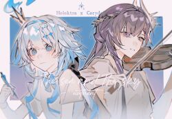 2girls alternate_costume blue_background blue_eyes blue_fire blue_hair blunt_bangs blurry bow bowtie brown_shirt cerydra_(honkai:_star_rail) character_name chenling328 chinese_commentary closed_mouth couple crown depth_of_field english_text fire gradient_background hair_between_eyes hair_ornament headpiece highres holding holding_instrument holding_violin honkai:_star_rail honkai_(series) hysilens_(honkai:_star_rail) instrument light_blush long_hair multicolored_hair multiple_girls parted_lips pen purple_eyes purple_hair shade shirt short_sleeves standing upper_body violin yuri
