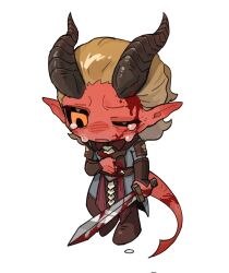 Rule 34 | 1boy, baldur&#039;s gate, baldur&#039;s gate 3, black sclera, blonde hair, blood, blood on face, blood on hands, bloody weapon, boots, brown boots, chibi, chibi only, colored sclera, colored skin, crying, demon boy, demon horns, demon tail, dungeons & dragons, dungeons &amp; dragons, full body, hand on own chest, highres, holding, holding sword, holding weapon, horns, male focus, medium hair, one eye closed, pointy ears, red skin, simple background, solo, standing, sword, tail, tears, tiefling, weapon, white background, yellow eyes, yy20251111, zevlor