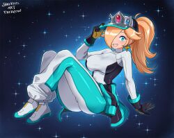 1girl ass blonde_hair blue_eyes breasts clothes_around_waist crown_hat earrings gloves hair_over_one_eye hat jacket jacket_around_waist jarckius jewelry long_hair mario_(series) mario_kart mario_kart_world nintendo ponytail racing_suit rosalina rosalina_(pro_racer) shirt smile solo star_(sky) star_(symbol) star_earrings starry_sky_background tight_clothes tight_shirt