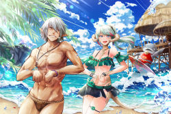 1boy 1girl animal_print aqua_hair au_ra bangle bare_shoulders beach bell bikini bikini_skirt black_eyes blue_eyes blue_sky blush bow bracelet breasts brown_male_swimwear brown_swim_briefs clenched_hands cloud cluseller collarbone cowboy_shot dark-skinned_male dark_skin day dragon_girl elezen elf eye_contact fangs final_fantasy final_fantasy_xiv flower green_bikini green_bow green_flower green_rose grey_hair grin hair_tie half-closed_eyes happy haurchefant_greystone horizon horns hut leopard_print jewelry jingle_bell lens_flare leopard_print light_rays lizard_tail long_hair looking_at_another looking_back male_swimwear multicolored_hair muscular muscular_male namazu_(final_fantasy) navel necklace ocean open_mouth outdoors pink_hair pointy_ears ponytail print_male_swimwear print_swim_briefs print_swimsuit rose sand scales short_hair skindentation sky small_breasts smile sparkle standing stomach streaked_hair sunlight surfboard swept_bangs swim_briefs swimsuit tail teeth thatched_roof thigh_strap topless_male tree warrior_of_light_(ff14) water waves