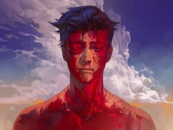 Rule 34 | 1boy, black hair, bleeding, blood, blood in hair, blood on face, blood splatter, bloody tears, bruise, bruised eye, hieumay, highres, injury, invincible (character), invincible (series), male focus, mark grayson, nosebleed, short hair, topless female, topless male