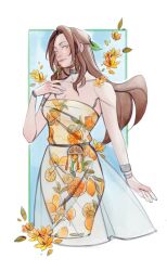 1girl aerith_gainsborough aerith_gainsborough_(citric_dress) armlet bare_shoulders blue_background border bracelet breasts brown_hair choker cleavage collarbone cowboy_shot cropped_legs dress earrings final_fantasy final_fantasy_vii final_fantasy_vii_ever_crisis flower food-themed_earrings food_print food_themed_earrings fruit_print green_eyes green_ribbon hair_ribbon half_updo hand_on_own_chest highres jewelry long_dress long_hair looking_at_viewer medium_breasts official_alternate_costume orange-shaped_earrings orange-shaped_ornament orange_flower orange_print parted_bangs print_dress ribbon robasarel see-through_clothes see-through_skirt sidelocks skirt smile solo strapless strapless_dress wavy_hair white_border