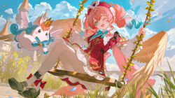 1girl ;o absurdres angel_wings aqua_bow aqua_bowtie aqua_eyes aqua_hair black_shoes blue_sky bow bowtie chinese_commentary commentary_request dress drill_hair hat highres honkai:_star_rail honkai_(series) hyacine_(honkai:_star_rail) laotian_ruo_zhi_you_sha_bi little_ica_(honkai:_star_rail) looking_at_viewer multicolored_hair one_eye_closed outdoors pantyhose pink_hair red_dress red_hat shoes sitting sky smile swing_set twin_drills two-tone_hair white_pantyhose wings