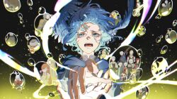 1girl alisaie_leveilleur alpha_(ff14) alphinaud_leveilleur ardbert_hylfyst bird_wings black_background blue_capelet blue_eyes blue_hair bubble capelet commentary crying crying_with_eyes_open emet-selch energy estinien_varlineau feathered_wings final_fantasy final_fantasy_xiv floating_hair foreshortening g&#039;raha_tia glowing haurchefant_greystone head_wings highres hythlodaeus krile_baldesion_(ff14) looking_at_viewer lyna_(ff14) meteion minfilia_warde namazu_(mythology) open_mouth out_of_frame portrait pov pov_hands reaching reaching_towards_viewer ryne_waters second-party_source short_hair solo_focus straight-on tataru_taru tears thancred_waters urianger_augurelt wind wings y&#039;shtola_rhul z_aft138420