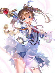 Rule 34 | 1boy, 1girl, absurdres, brown hair, character doll, doll, ferret, fingerless gloves, gloves, green eyes, highres, long hair, lyrical nanoha, magical girl, mahou shoujo lyrical nanoha, octagram, open mouth, purple eyes, raising heart, raising heart (standby mode), ribbon, skirt, staff, star of lakshmi, takamachi nanoha, twintails, v, v over mouth, weapon, white devil, yonabe, yuuno scrya