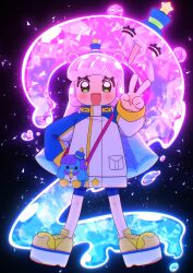 1girl bike_shorts finger_counting full_body gradient_hair hat highres jacket looking_at_viewer mini_hat mini_top_hat monster_girl multicolored_hair official_art open_mouth platform_shoes puniru_(puniru_wa_kawaii_slime) puniru_wa_kawaii_slime slime_girl solo top_hat v