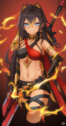 1girl :d armlet armor belt black_gloves black_hair black_shorts blue_eyes breasts claymore_(sword) colored_inner_hair commentary dehya_(genshin_impact) earrings elbow_gloves fingerless_gloves genshin_impact gloves greatsword hair_between_eyes hand_on_own_hip highres jewelry long_hair looking_at_viewer medium_breasts multicolored_hair navel open_mouth short_shorts shorts shoulder_armor sidelocks simple_background single_earring sleeveless smile solo stomach sword two_side_up underboob weapon wolf&#039;s_gravestone_(genshin_impact) xsan_vanny