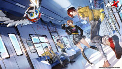 2boys 2girls absurdres animal arai_motoha artist_request bag bird black_socks blonde_hair blue_eyes copyright_name grey_pants grey_skirt highres hood hood_down hoodie jacket kamishiro_nagisa kanou_shun lips long_sleeves looking_at_viewer lufel_(p5x) multiple_boys multiple_girls official_art open_clothes open_jacket owl pants persona persona_5 persona_5:_the_phantom_x pink_lips plaid_clothes plaid_pants plaid_skirt red_eyes red_hair red_shoes school_bag school_uniform shoes short_hair sitting skirt smile socks standing standing_on_one_leg tanemura_riko third-party_source train_interior white_hoodie yellow_jacket