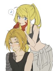 1boy 1girl bandaid bandaid_on_cheek bandaid_on_face bandaid_on_forehead black_camisole black_tank_top blonde_hair blue_eyes blush camisole cgvske1003 edward_elric fullmetal_alchemist gloves highres long_hair looking_at_viewer midriff musical_note nose_blush ponytail prosthesis prosthetic_arm red_gloves simple_background sleeveless spoken_musical_note sweat tank_top white_background winry_rockbell yellow_eyes