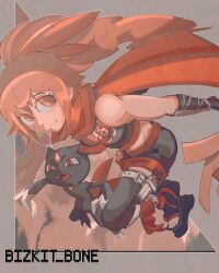 bare_shoulders black_gloves black_thighhighs breasts brown_eyes brown_hair cleavage crop_top drill_hair eyelashes gen_2_pokemon gloves hair_between_eyes highres kunai kunoichi_(sengoku_musou) medium_hair navel ninja nintendo parted_bangs pokemon pokemon_conquest ponytail red_ribbon red_scarf ribbon sandals scarf sengoku_musou short_shorts shorts side_ponytail smile sneasel source_request thigh_strap thighhighs toeless_legwear toes vambraces weapon