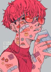 1boy bandaid bandaid_on_arm bandaid_on_face brown_eyes drink ear_piercing earrings grey_background highres holding holding_drink jewelry kuurakuu looking_to_the_side male_focus nose original parted_lips piercing pink-framed_eyewear red_hair red_shirt shirt short_hair signature simple_background sleeveless sleeveless_shirt solo sticker_on_arm sticker_on_face teeth upper_teeth_only