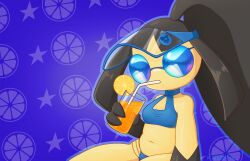 1girl arm_at_side artist_name bare_shoulders big_hair bikini black_hair black_skin blue-framed_eyewear blue-tinted_eyewear blue_bikini blue_hat blue_outline breasts cleavage_cutout clothing_cutout collarbone colored_skin cup drink drinking drinking_glass drinking_straw female_focus food fruit gen_3_pokemon hand_up hat high_ponytail highres holding holding_drink holding_drinking_glass large_variant_set lemon lemon_slice long_hair lotion mawaifu mawile multi-strapped_bikini_bottom multicolored_skin navel nintendo outline pokemon pokemon_(creature) ponytail purple_background see-through_hat sidelocks signature sitting small_breasts solo star_(symbol) star_symbol_background stomach sunglasses sunscreen sweat swimsuit tinted_eyewear two-tone_skin variant_set very_long_hair visor_cap yellow_skin