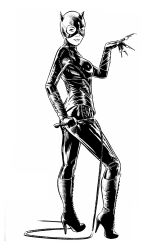 1girl animal_ears batman_(series) batman_returns black_bodysuit black_corset black_eyeshadow black_gloves black_mask blue_eyes bodysuit boots breasts cat_ears catwoman catwoman_costume_(batman_returns) claws corset dc_comics djmpaz eyeshadow full_body gloves greyscale highres holding holding_whip large_breasts lipstick makeup mask monochrome pale_skin selina_kyle solo stitches whip