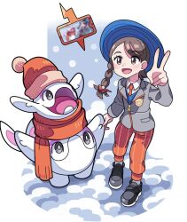 1girl :d beanie black_footwear blue_hat braid brown_eyes brown_hair cetoddle eyelashes full_body gen_4_pokemon grey_jacket hat highres jacket juliana_(pokemon) long_sleeves looking_at_viewer naranja_academy_school_uniform necktie nintendo open_mouth orange_hat orange_necktie orange_pants orange_scarf pants pokemon pokemon_(creature) pokemon_sv rotom rotom_phone scarf school_uniform simple_background smile snow standing stchame white_background