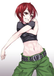 1girl abs bad_id bad_pixiv_id belt brown_eyes cowboy_shot female_focus kaibutsu_oujo matsuryuu midriff navel parted_lips red_hair riza_wildman short_hair simple_background smile solo stretching white_background