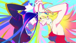 2girls angry bangle black_dress blonde_hair blue_eyes blunt_bangs bracelet breasts clenched_teeth colored_inner_hair commentary dechel dress earrings eye_contact face-to-face fighting from_side gold_choker heads_together highres holding_hands hoop_earrings interlocked_fingers jewelry juliet_sleeves large_breasts long_hair long_sleeves looking_at_another multicolored_hair multiple_girls panty_&amp;_stocking_with_garterbelt panty_(psg) pink_hair profile puffy_sleeves purple_hair red_dress siblings sisters sleeveless sleeveless_dress stocking_(psg) symbol-only_commentary teeth two-tone_hair upper_body very_long_fingernails very_long_hair