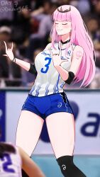 Rule 34 | 1girl, absurdres, blue shorts, blush, breasts, closed eyes, dadangge, earrings, elbow pads, hammer and sickle, highres, hololive, hololive english, jewelry, large breasts, long hair, m/, mori calliope, photo-referenced, photo background, pink hair, real life, shorts, skull choker, skull earrings, skull tattoo, sportswear, sweat, tank top, tattoo, thick thighs, thighs, tiara, twitter username, v-shaped eyebrows, virtual youtuber, volleyball uniform, white tank top, yoshimura shiho