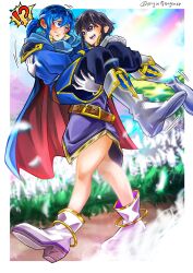 Rule 34 | !?, 1boy, 1girl, absurdres, arms around neck, bare legs, belt, black hair, blue cape, blue hair, blue tunic, blush, boots, cape, carrying, carrying person, commission, commissioner upload, couple, fire emblem, fire emblem: genealogy of the holy war, flower, gloves, headband, highres, larcei (fire emblem), long hair, looking at another, nintendo, pants, ponytail, princess carry, purple eyes, purple tunic, rainbow, reverse princess carry, seliph (fire emblem), sidelocks, signature, skeb commission, smile, standing, surprised, tomboy, tunic, twitter username, walking, white headband, ya-don
