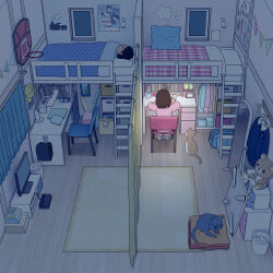 1boy 1girl bra brother_and_sister cat clothes_hanger curtains desk dressing fixed-point_camera full_body highres indoors kiyo_(kyokyo1220) loft_bed lying male_underwear night on_bed ootani_shouhei original panties school_uniform shirt siblings sitting sleeping standing television time_lapse underwear white_bra white_male_underwear white_panties white_shirt window