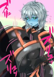 1boy 1girl anasteria armor black_sclera blue_skin blush breasts breasts_squeezed_together censored clothed_paizuri colored_sclera colored_skin gauntlets green_eyes grey_hair grim_dawn hetero highres huge_breasts kodainosinpi motion_blur motion_lines paizuri paizuri_over_clothes short_hair shoulder_pads