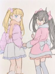 2girls black_hair blonde_hair blue_eyes coat gacho_p highres idolmaster idolmaster_cinderella_girls jacket long_hair looking_at_viewer looking_back mary_cochran matoba_risa mittens multiple_girls pink_coat scarf simple_background sketch thighhighs twintails winter_clothes yellow_eyes