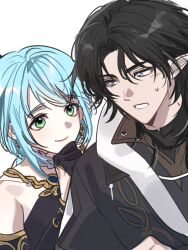 Rule 34 | 1boy, 1girl, bare shoulders, elf, etain (mabinogi), gloves, half gloves, looking at another, low ponytail, mabinogi, nyomletian, player character (mabinogi), pointy ears, ponytail, sleeveless, smile