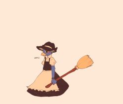absurdres apron bird black_dress blue_feathers bow broom check_translation dress falco_lombardi feathers frilled_dress frills furry hat hat_bow highres kirisame_marisa legless nintendo pastel_colors pixie_(milkywaypixies) portuguese_text puffy_sleeves short_sleeves star_fox touhou translation_request waist_apron white_bow witch_hat