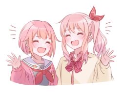 1girl 1other :d ^_^ akiyama_mizuki blush bob_cut bow bowtie cardigan closed_eyes cropped_torso diagonal-striped_bow diagonal-striped_bowtie diagonal-striped_clothes hair_ornament long_hair nana_(eegm4275) neckerchief ootori_emu open_mouth pink_cardigan pink_hair project_sekai red_neckerchief sailor_collar short_hair side_ponytail sidelocks smile straight_hair striped_clothes waving wavy_hair white_sailor_collar