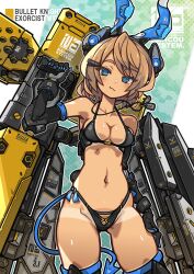 1girl animal_ears bikini bikini_tan black_bikini black_gloves black_thighhighs blue_eyes breasts brown_hair demon_tail elbow_gloves gloves headgear highres medium_breasts nancou_(nankou) navel original rabbit_ears short_hair solo swimsuit tail tan tanline thighhighs