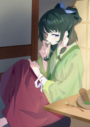 1girl absurdres bandaged_arm bandages blue_eyes chinese_clothes eating freckles green_hair hanfu highres holding kusuriya_no_hitorigoto leaf_in_mouth long_hair long_sleeves looking_at_viewer maomao_(kusuriya_no_hitorigoto) mouth_hold sitting solo wako_(1194433260) wide_sleeves