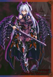 1girl armor armored_skirt armored_wings blush bodysuit breasts cape character_name cleavage corruption dark_persona demon_girl english_text gem highres horns impossible_clothes inscription jewelry kenkou_cross knight large_breasts low_wings military monster_girl monster_girl_encyclopedia monster_girl_encyclopedia_world_guide_side_ii:_salvarision:_the_fallen_knights_of_lescatie navel necklace official_art pale_skin purple_hair red_eyes revealing_clothes see-through_clothes see-through_bodysuit segmented_horns succubus_(monster_girl_encyclopedia) succubus_vermut sword tail transformation vermut_rosnair warrior weapon wings