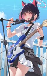animal_ears bass_guitar black_mask blue_archive cat_ears clothes_around_waist colored_inner_animal_ears colored_inner_hair extra_ears fender_jazz_bass halo highres holding holding_bass_guitar holding_instrument instrument jacket jacket_around_waist kazusa_(band)_(blue_archive) kazusa_(blue_archive) mask mouth_mask multicolored_hair pink_halo print_shirt ran_(gcrm8377) shirt skirt white_skirt