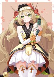 1girl bare_shoulders blonde_hair celine_(fire_emblem) celine_(ninja)_(fire_emblem) closed_mouth cowboy_shot detached_sleeves fire_emblem fire_emblem_engage fire_emblem_heroes green_eyes highres holding holding_scroll kuro_(be_ok) long_hair looking_at_viewer ninja nintendo official_alternate_costume scroll skirt smile solo thighhighs very_long_hair white_skirt white_thighhighs
