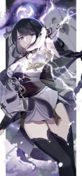 absurdres arm_up black_panties black_thighhighs blunt_bangs blurry blurry_background braid breasts cherry_blossoms commentary_request electricity floating genshin_impact hair_flowing_over hair_ornament head_tilt highres japanese_clothes kimono large_breasts leaning_to_the_side long_braid long_hair long_sleeves looking_at_object looking_at_viewer mitsudomoe_(shape) mole mole_under_eye neck_ribbon outdoors panties parted_lips powering_up purple_eyes purple_kimono purple_ribbon raiden_shogun reaching reaching_towards_viewer red_ribbon red_sash ribbon sash single_braid thighhighs thighs thx_kaho tomoe_(symbol) tree underwear vision_(genshin_impact) wide_sleeves