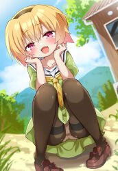 1girl 3105lave black_hairband black_pantyhose blonde_hair blurry blurry_background blush brown_shoes cameltoe day dress fang full_body green_dress hairband hands_up highres higurashi_no_naku_koro_ni houjou_satoko loli looking_at_viewer mesugaki neckerchief open_mouth outdoors panties panties_under_pantyhose pantyhose pink_eyes puffy_short_sleeves puffy_sleeves sailor_collar sailor_dress shoes short_hair short_sleeves skin_fang solo squatting textless_version thighband_pantyhose underwear white_panties white_sailor_collar yellow_neckerchief