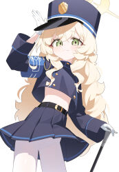 1girl absurdres armband black_hat black_jacket black_skirt blonde_hair blue_archive blue_armband buttons cane closed_mouth cosplay cowboy_shot cropped_jacket double-breasted gloves green_eyes halo hat highres hikari_(blue_archive) hikari_(blue_archive)_(cosplay) holding holding_cane honi_(honi1010) jacket loli long_hair long_sleeves pantyhose peaked_cap professor_niyaniya_(blue_archive) simple_background skirt smile solo white_background white_gloves white_pantyhose yellow_halo