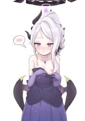 absurdres black_halo blue_archive blush breasts demon_girl demon_horns demon_wings dress earrings gloves halo highres hina_(blue_archive) hina_(dress)_(blue_archive) horns jewelry long_hair looking_at_viewer necklace nipples pendant purple_dress purple_eyes purple_gloves qz simple_background small_breasts white_background white_hair wings