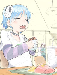 3girls absurdres bare_shoulders black_pantyhose booth_seating brown_hair burger closed_eyes collar collarbone cup denim denim_shorts disposable_cup ear_piercing eating food french_fries glasses green_hoodie highres holding holding_burger holding_food holding_tray hood hoodie izutsumi_marin koga_konoha kusagakure_satoko layered_sleeves long_hair long_sleeves mcdonald&#039;s medium_hair multiple_girls ninja_to_koroshiya_no_futarigurashi off-shoulder_shirt off_shoulder open_mouth pantyhose piercing purple_hair purple_shirt sharp_teeth shirt short_over_long_sleeves short_shorts short_sleeves short_twintails shorts shuriken_hair_ornament side_ponytail spiked_collar spikes swept_bangs teeth tray twintails user_ekan2588 white_shirt