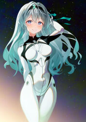 Rule 34 | 1girl, absurdres, arm behind back, arm up, blush, bodysuit, breasts, commission, covered navel, firefly (ar-26710) (honkai: star rail), firefly (honkai: star rail), gradient hair, green hair, grey hair, hair between eyes, hair ornament, hairband, highres, honkai: star rail, honkai (series), long hair, looking at viewer, mecha pilot suit, medium breasts, multicolored hair, nepenera, official alternate costume, parted lips, pink eyes, pixiv commission, sky, smile, solo, star (sky), starry sky, white bodysuit